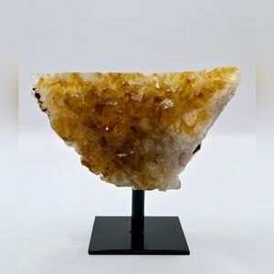 Citrine Geode Crystal on Black Metal Stand – Sparkling Quartz Cluster Décor